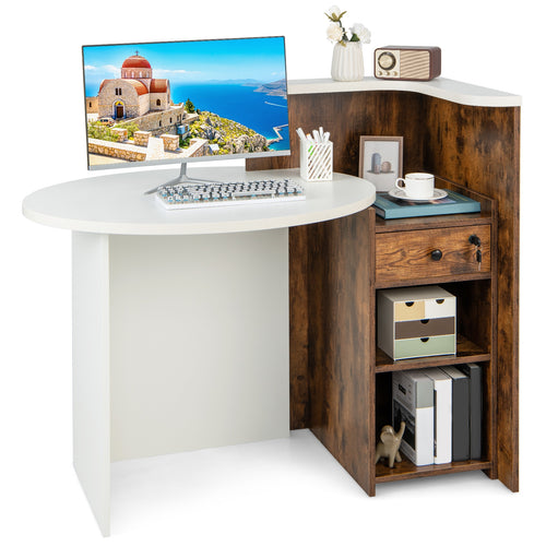 Front Reception Office Desk, Open Shelf And Drawer, White, Brown