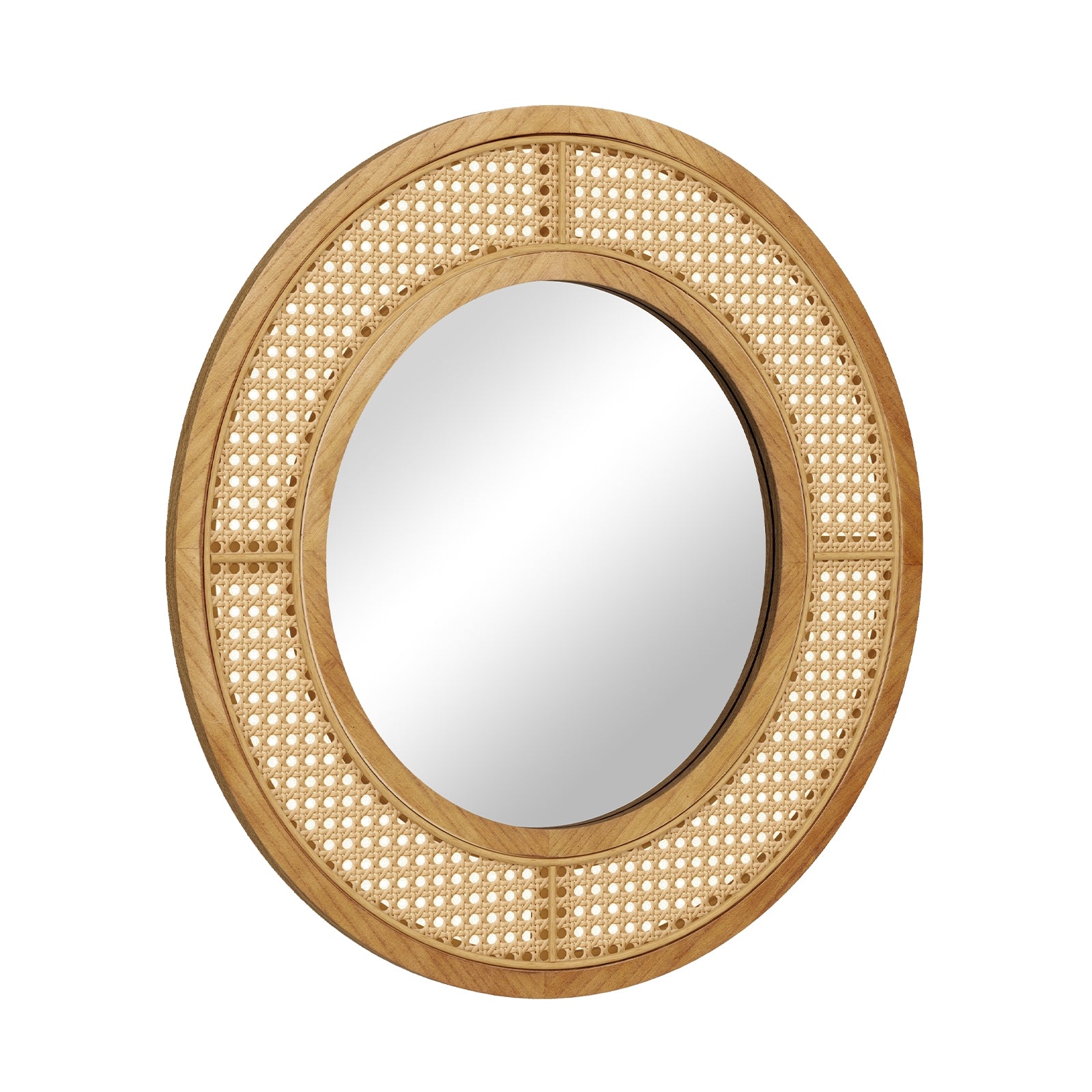 25.5 Inch Bohemian Round Wall Mounted Decorative Mirror with Wooden Frame, Natural Wall Mirrors at Gallery Canada