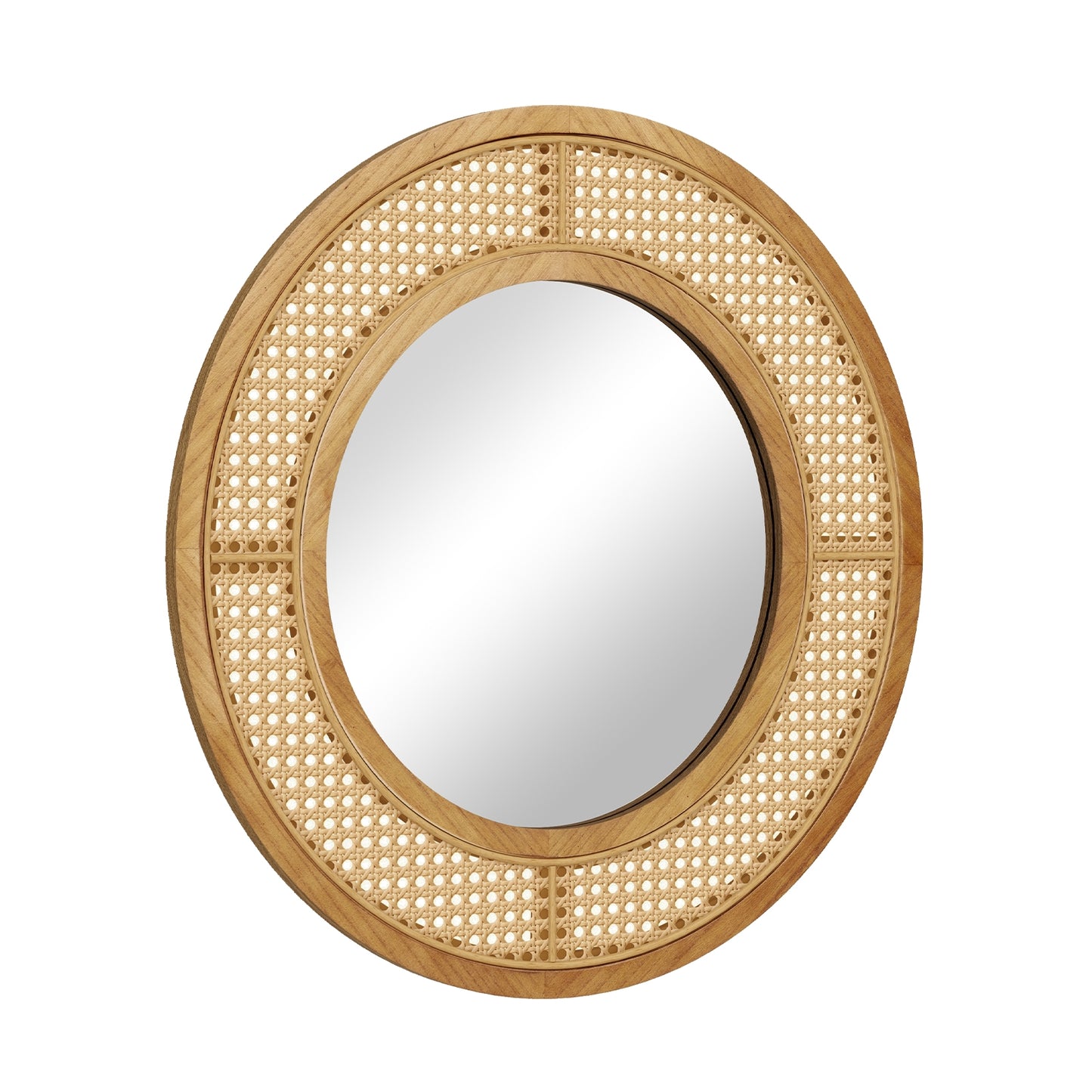25.5 Inch Bohemian Round Wall Mounted Decorative Mirror with Wooden Frame, Natural Wall Mirrors at Gallery Canada