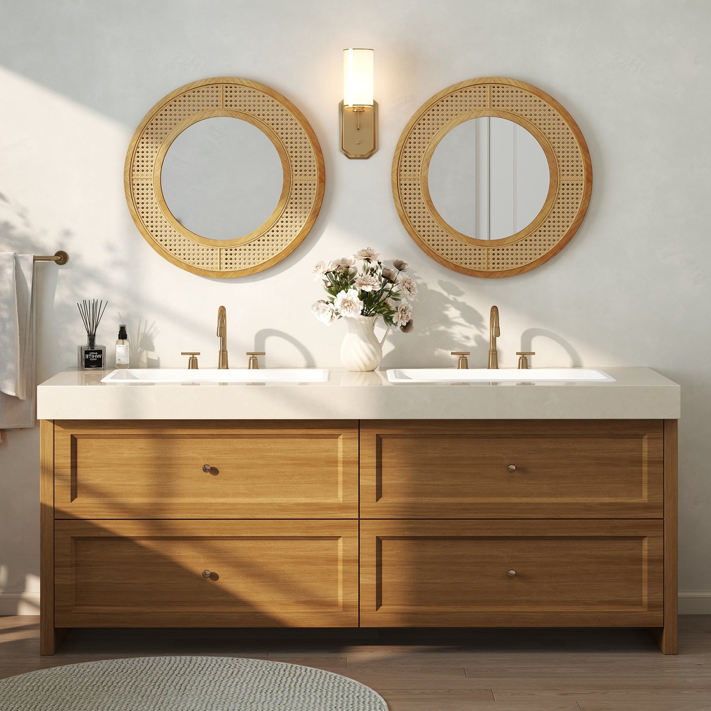 25.5 Inch Bohemian Round Wall Mounted Decorative Mirror with Wooden Frame, Natural Wall Mirrors at Gallery Canada