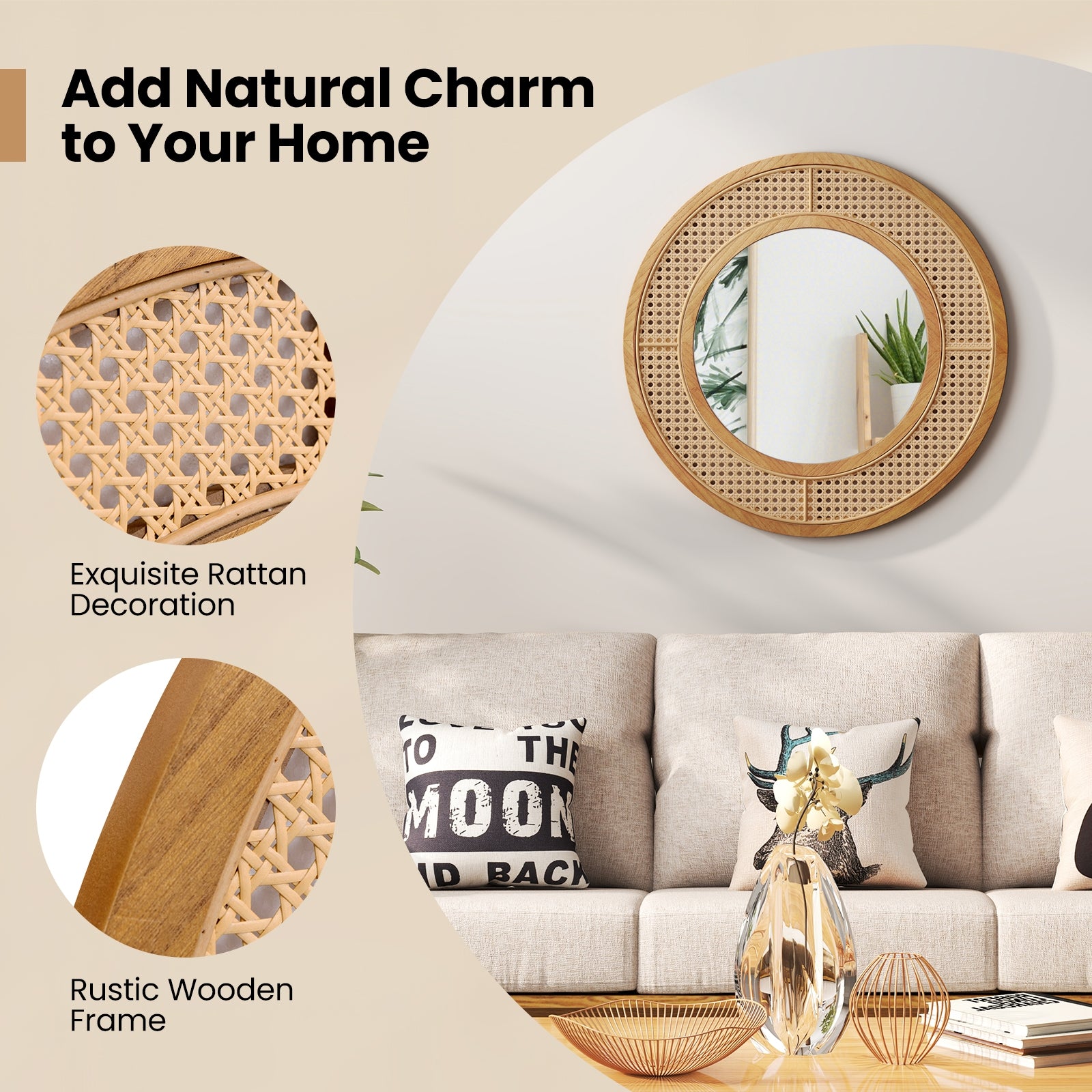 25.5 Inch Bohemian Round Wall Mounted Decorative Mirror with Wooden Frame, Natural Wall Mirrors at Gallery Canada