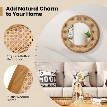 25.5 Inch Bohemian Round Wall Mounted Decorative Mirror with Wooden Frame, Natural Wall Mirrors at Gallery Canada