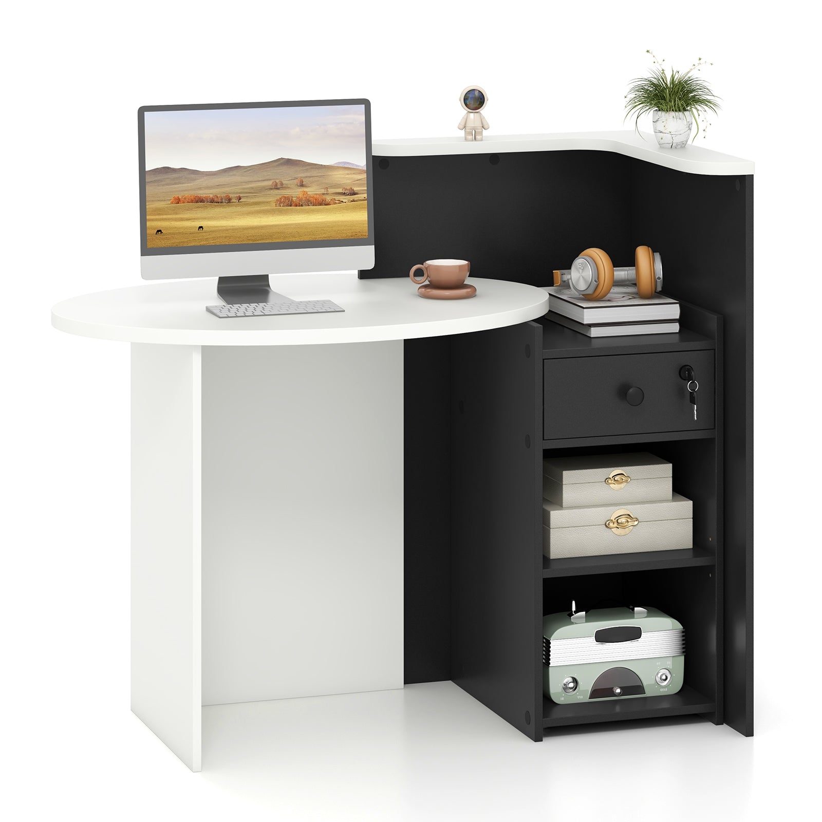 Front Reception Office Desk, Open Shelf And Drawer, White, Black Computer Desks at Gallery Canada