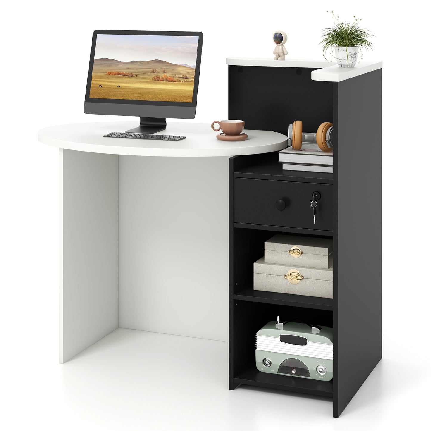 Front Reception Office Desk, Open Shelf And Drawer, White, Black Computer Desks at Gallery Canada