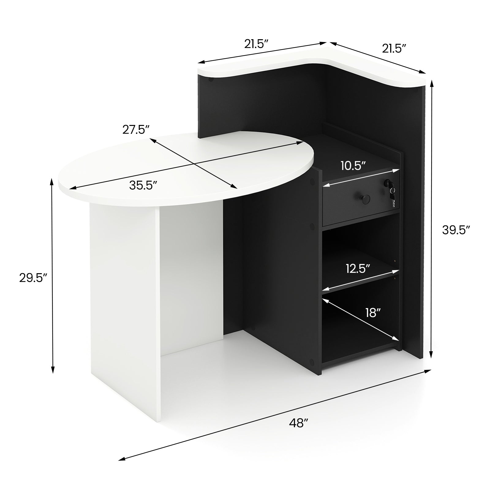 Front Reception Office Desk, Open Shelf And Drawer, White, Black Computer Desks at Gallery Canada