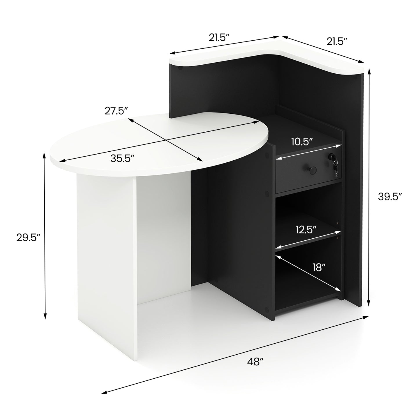 Front Reception Office Desk, Open Shelf And Drawer, White, Black Computer Desks at Gallery Canada