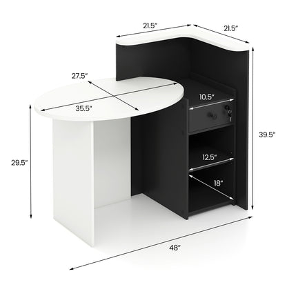 Front Reception Office Desk, Open Shelf And Drawer, White, Black Computer Desks at Gallery Canada