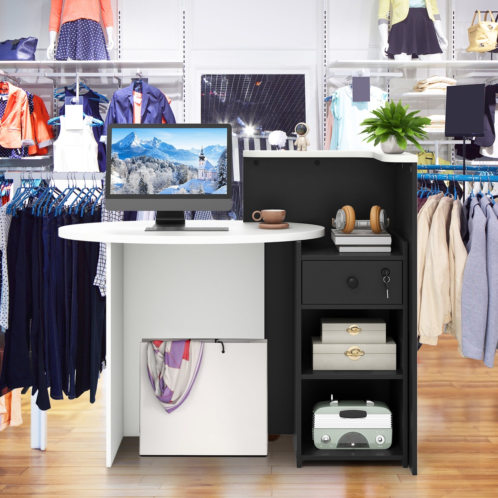 Front Reception Office Desk, Open Shelf And Drawer, White, Black Computer Desks at Gallery Canada