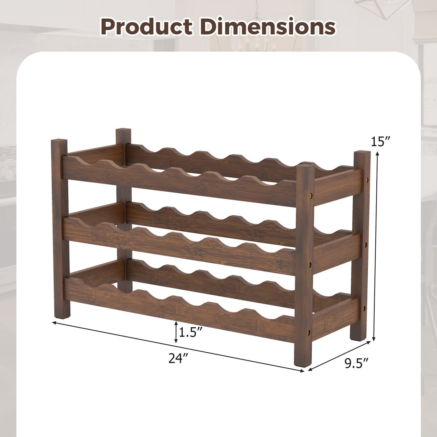 Organisateur de bouteilles de vin en bambou à 3 niveaux pour comptoir