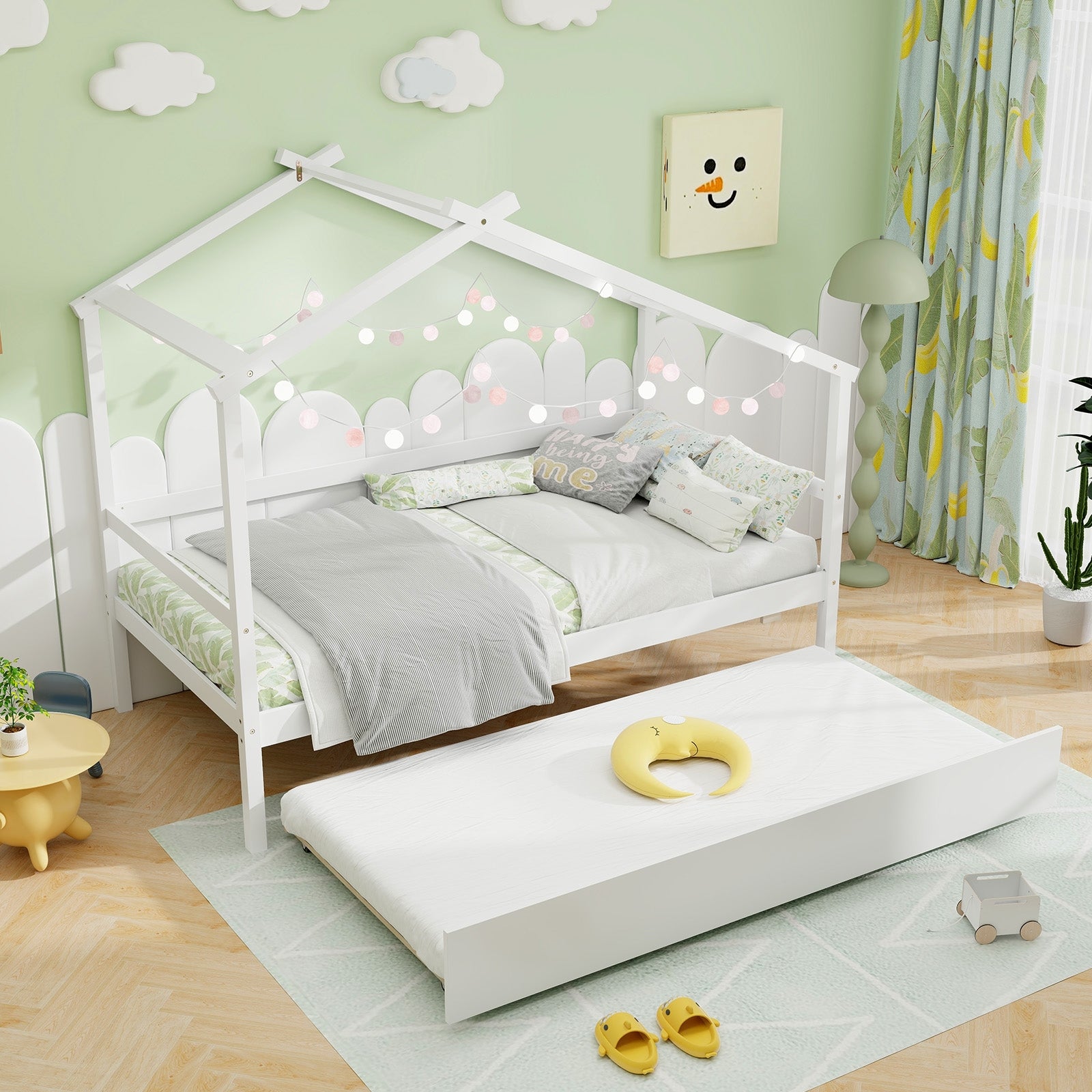 Kids Twin Size House Bed with Trundle and Roof, White Trundle Bed Frame at Gallery Canada