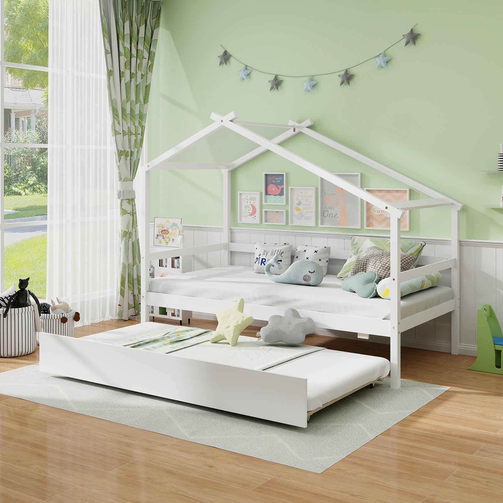 Kids Twin Size House Bed with Trundle and Roof, White Trundle Bed Frame at Gallery Canada