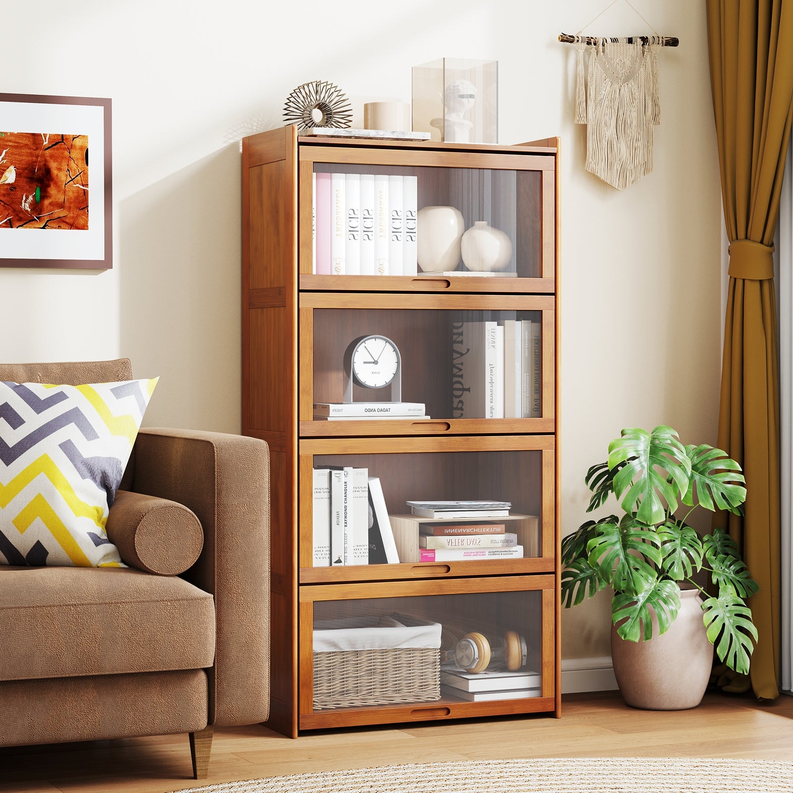 4-Tier Bamboo Bookcase with Doors for Study Room Living Room, Brown Bookcases at Gallery Canada