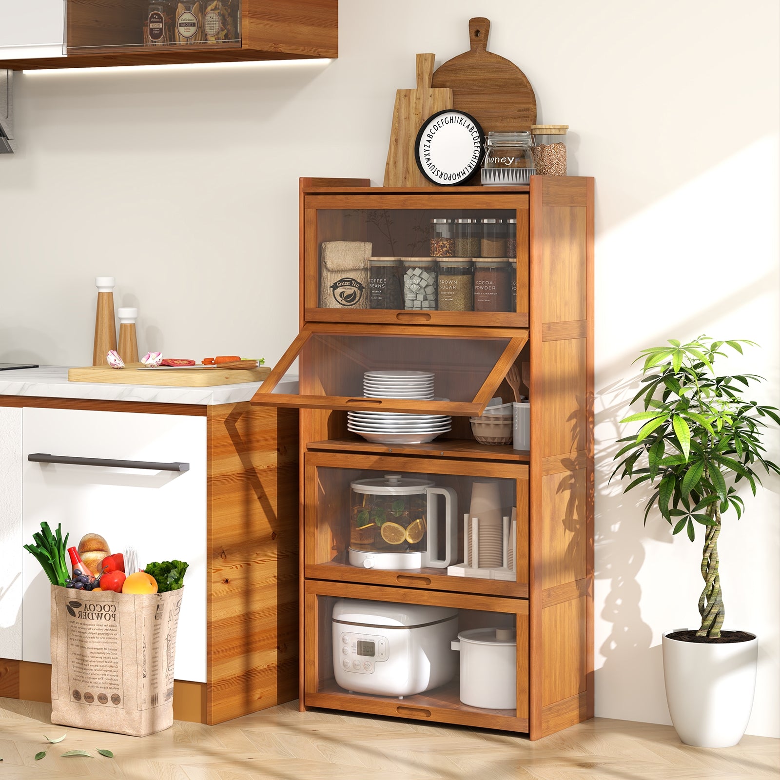4-Tier Bamboo Bookcase with Doors for Study Room Living Room, Brown Bookcases at Gallery Canada