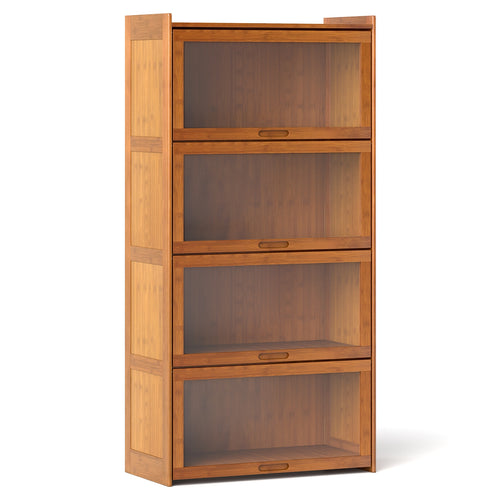 4-Tier Bamboo Bookcase with Doors for Study Room Living Room, Brown