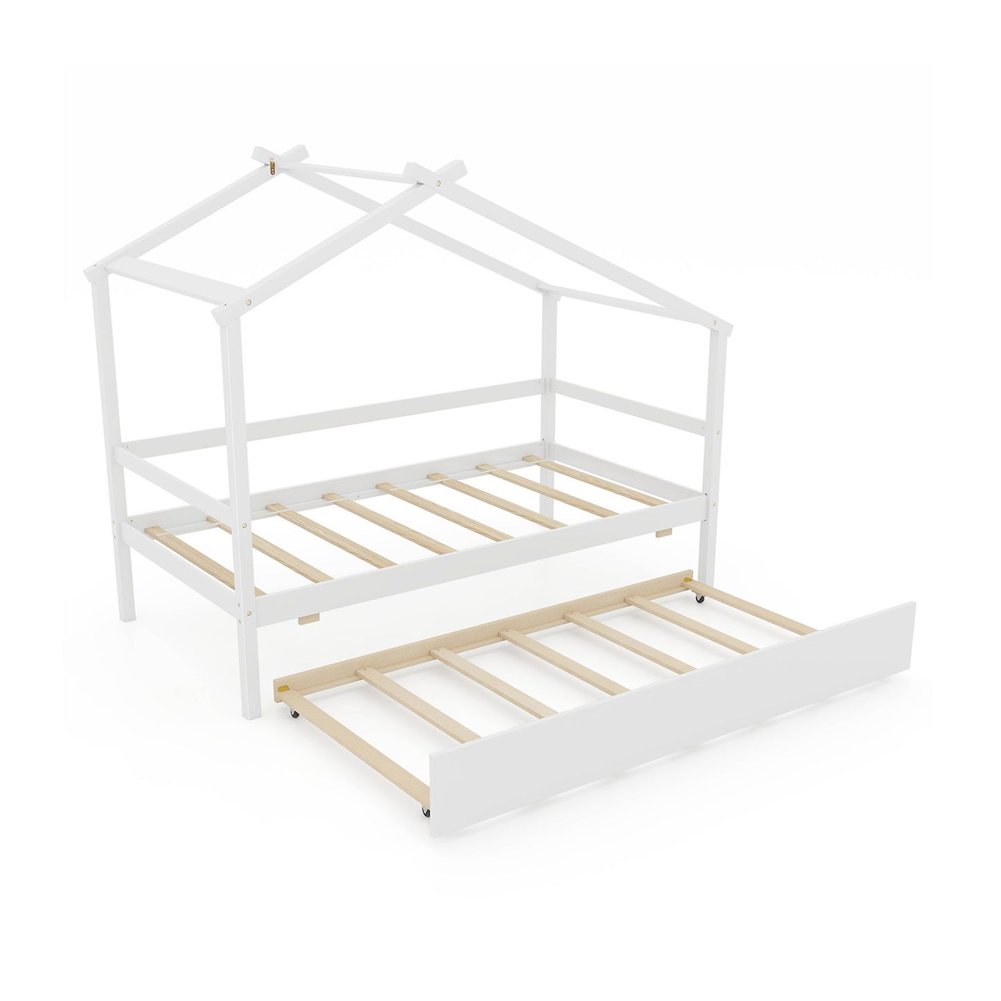 Kids Twin Size House Bed with Trundle and Roof, White Trundle Bed Frame White at Gallery Canada