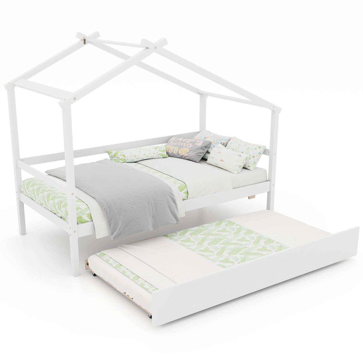 Kids Twin Size House Bed with Trundle and Roof, White Trundle Bed Frame at Gallery Canada