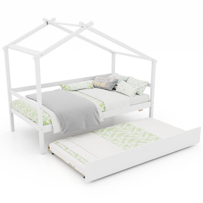 Kids Twin Size House Bed with Trundle and Roof, White Trundle Bed Frame at Gallery Canada