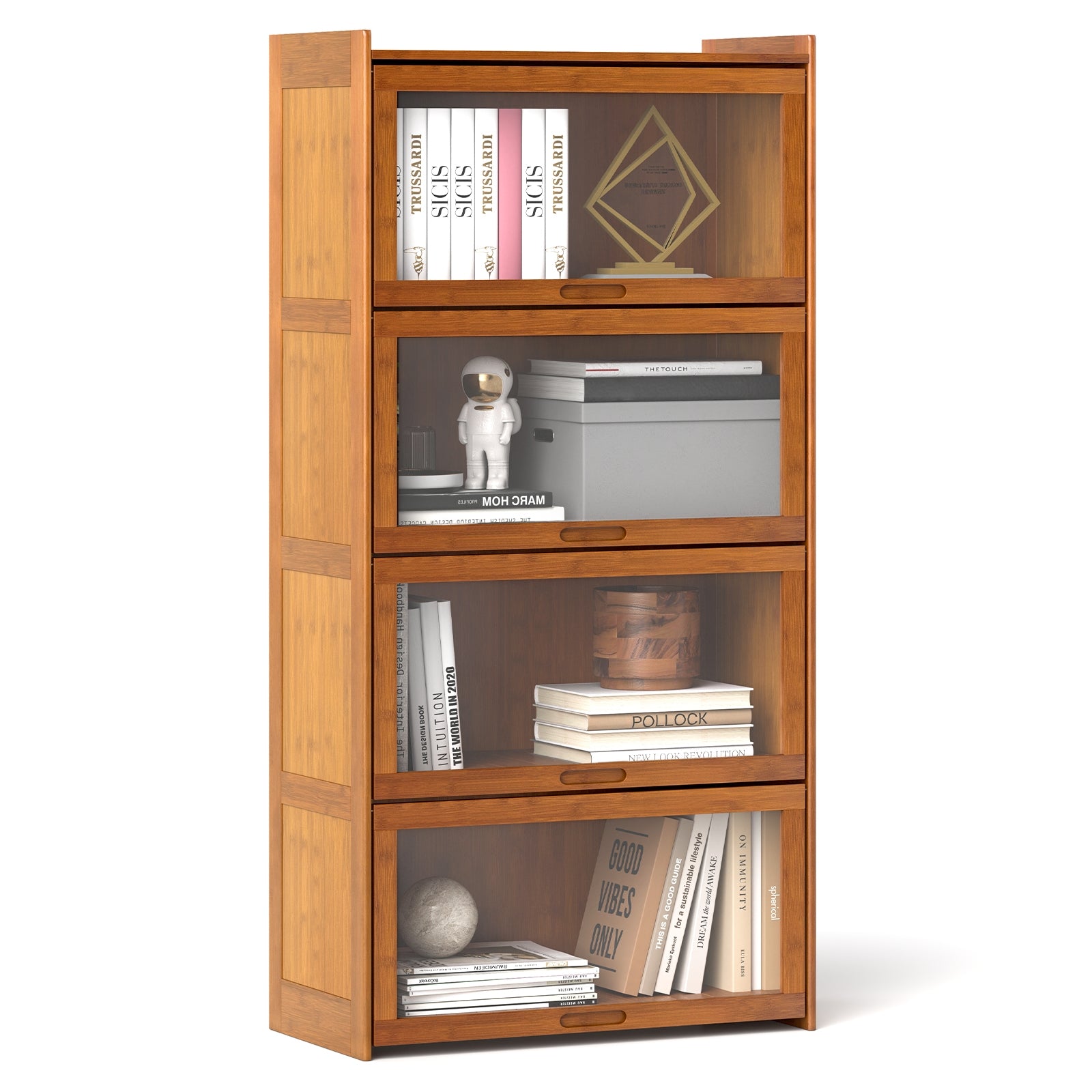 4-Tier Bamboo Bookcase with Doors for Study Room Living Room, Brown Bookcases at Gallery Canada