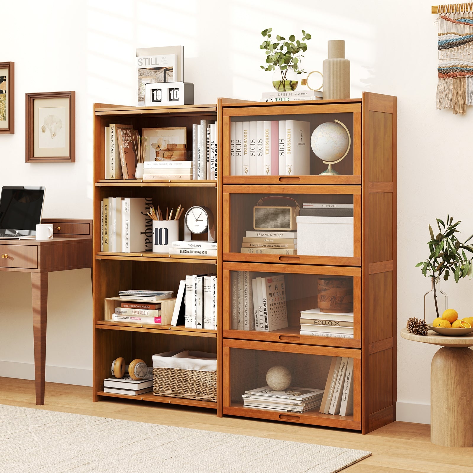 4-Tier Bamboo Bookcase with Doors for Study Room Living Room, Brown Bookcases at Gallery Canada