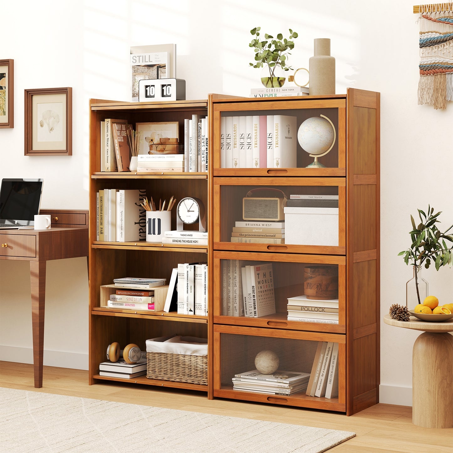 4-Tier Bamboo Bookcase with Doors for Study Room Living Room, Brown Bookcases at Gallery Canada