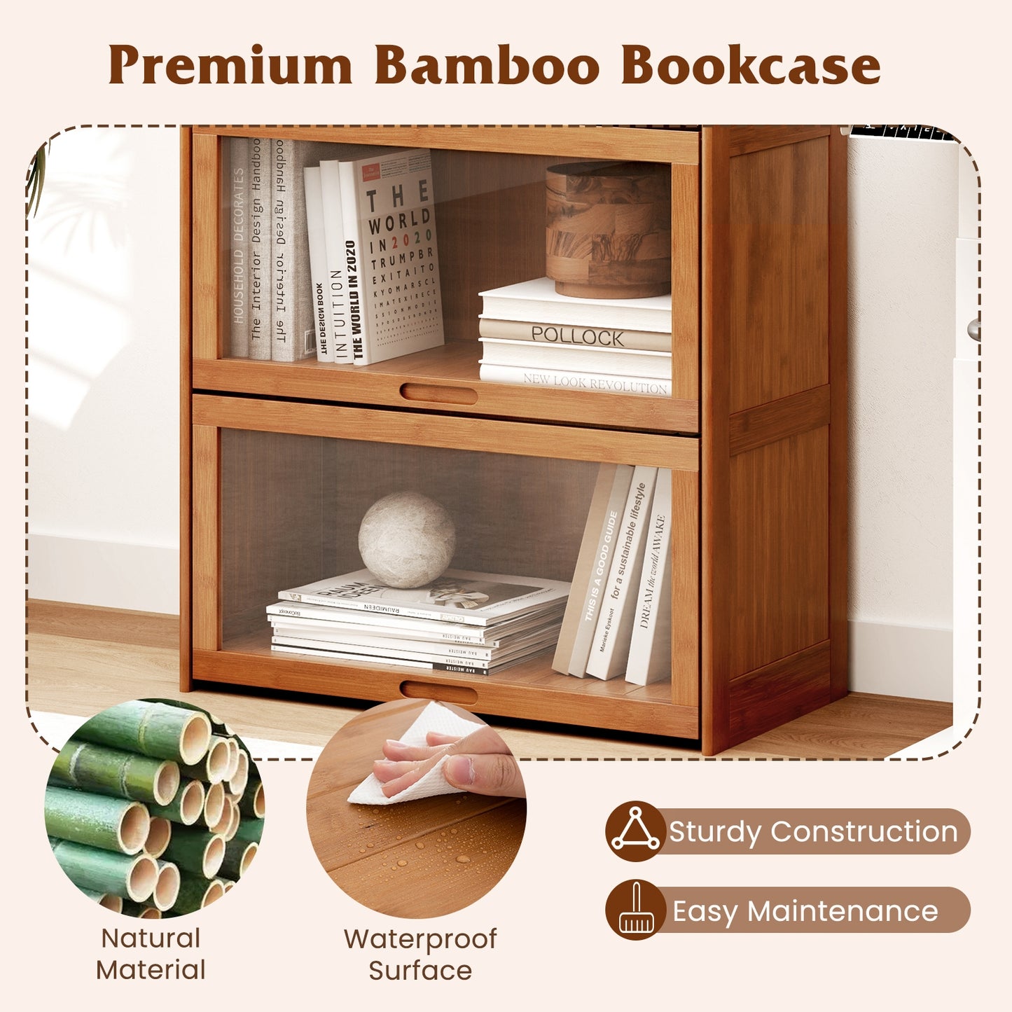 4-Tier Bamboo Bookcase with Doors for Study Room Living Room, Brown Bookcases at Gallery Canada