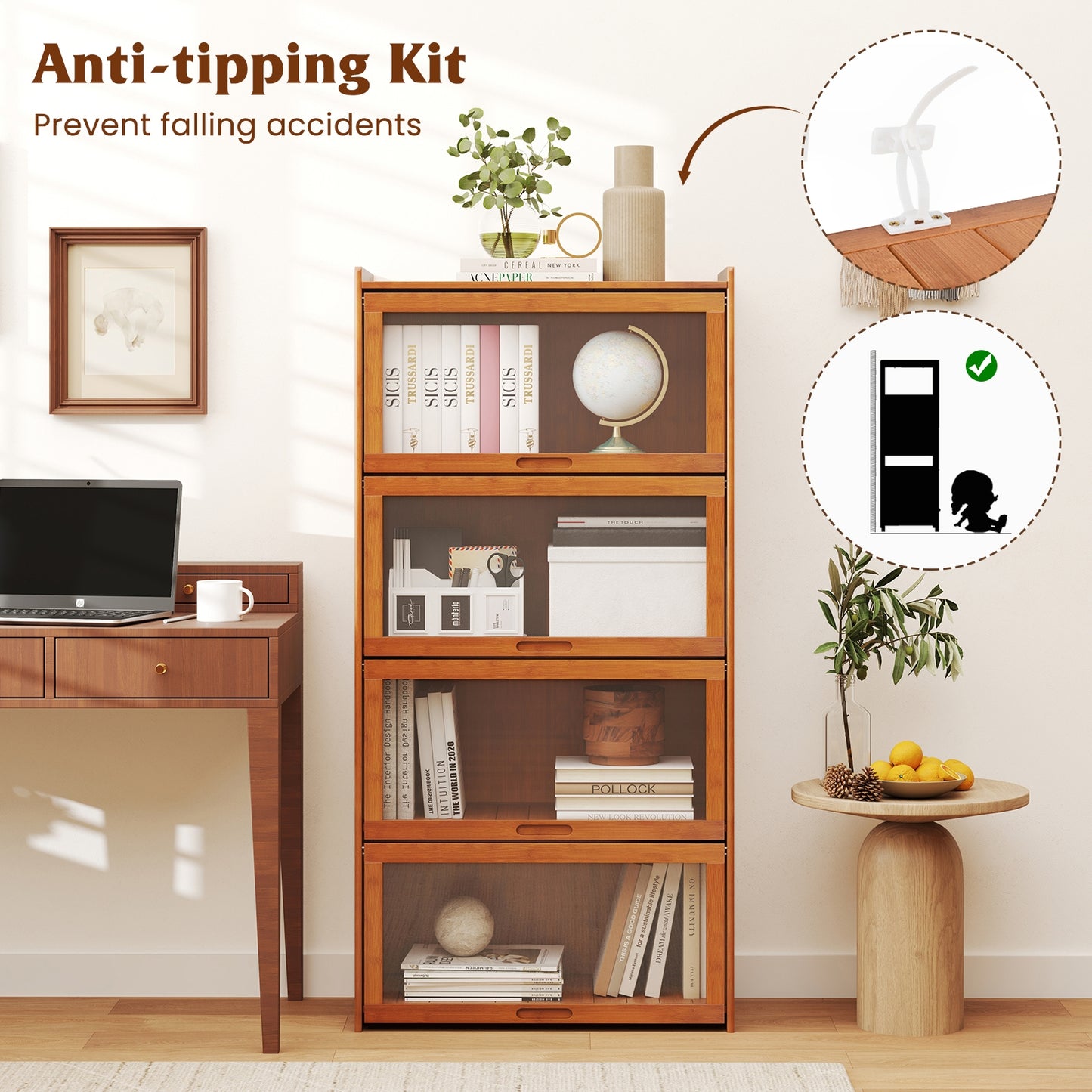 4-Tier Bamboo Bookcase with Doors for Study Room Living Room, Brown Bookcases at Gallery Canada