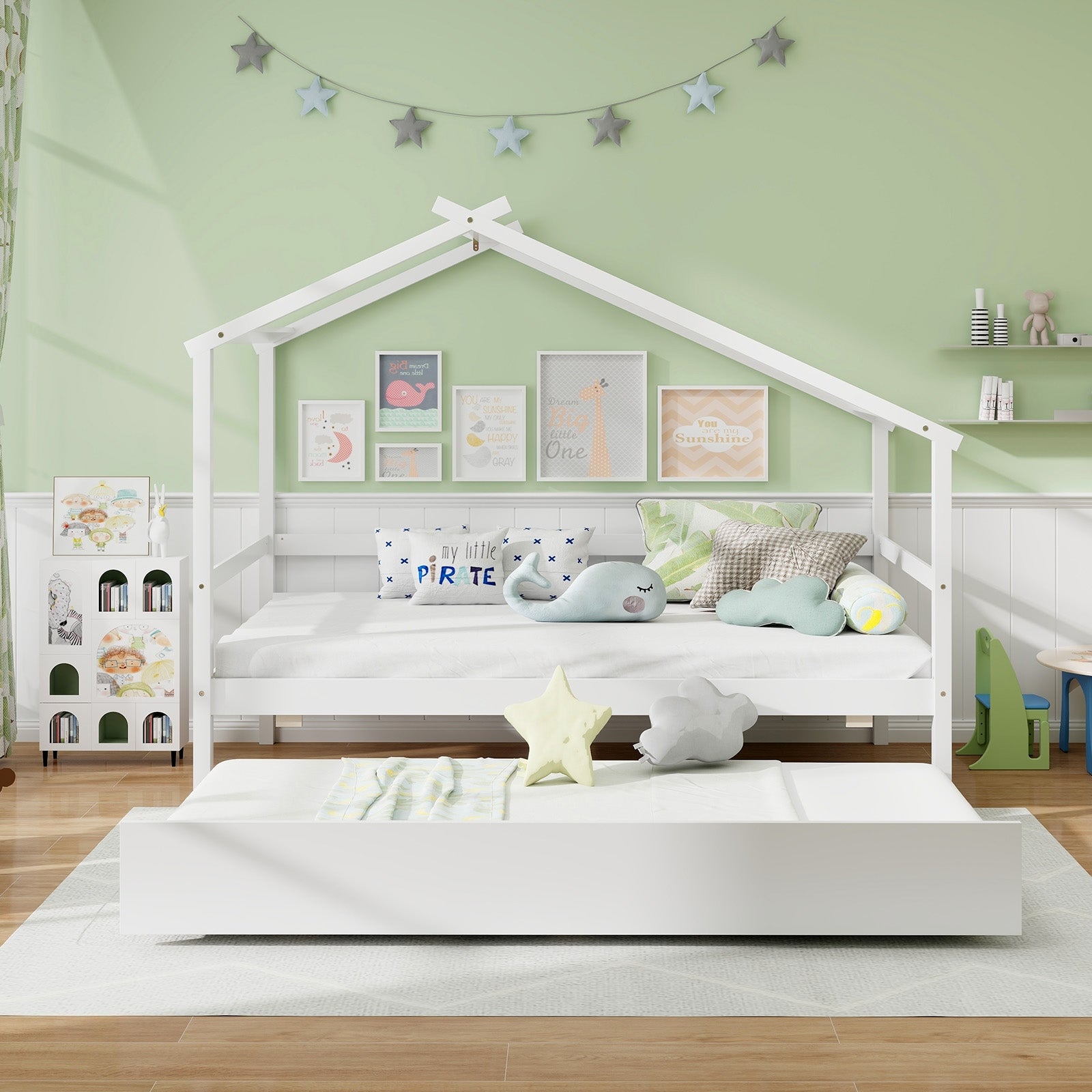 Kids Twin Size House Bed with Trundle and Roof, White Trundle Bed Frame at Gallery Canada