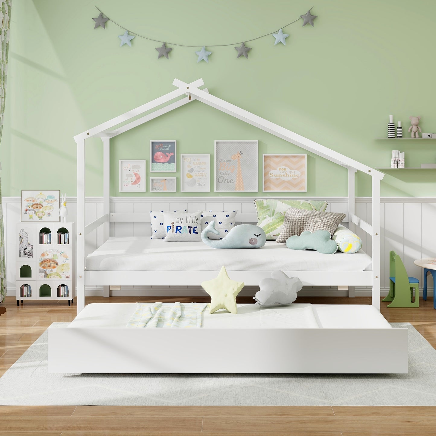 Kids Twin Size House Bed with Trundle and Roof, White Trundle Bed Frame at Gallery Canada