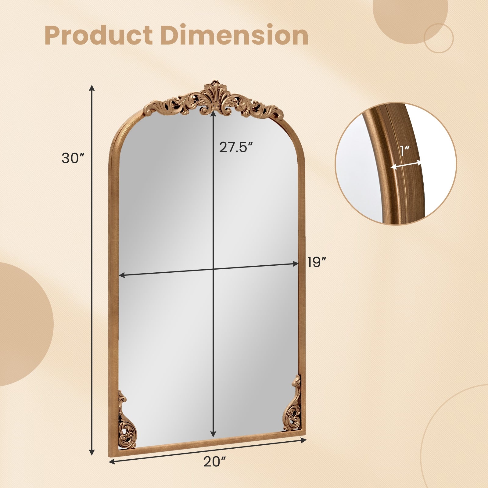 Arched Mirror for Wall Gold Traditional Vintage Ornate Baroque Mirror with Metal Frame-S Wall Mirrors at Gallery Canada