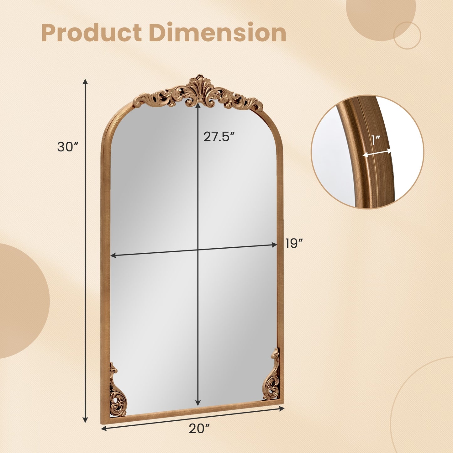 Arched Mirror for Wall Gold Traditional Vintage Ornate Baroque Mirror with Metal Frame-S Wall Mirrors at Gallery Canada