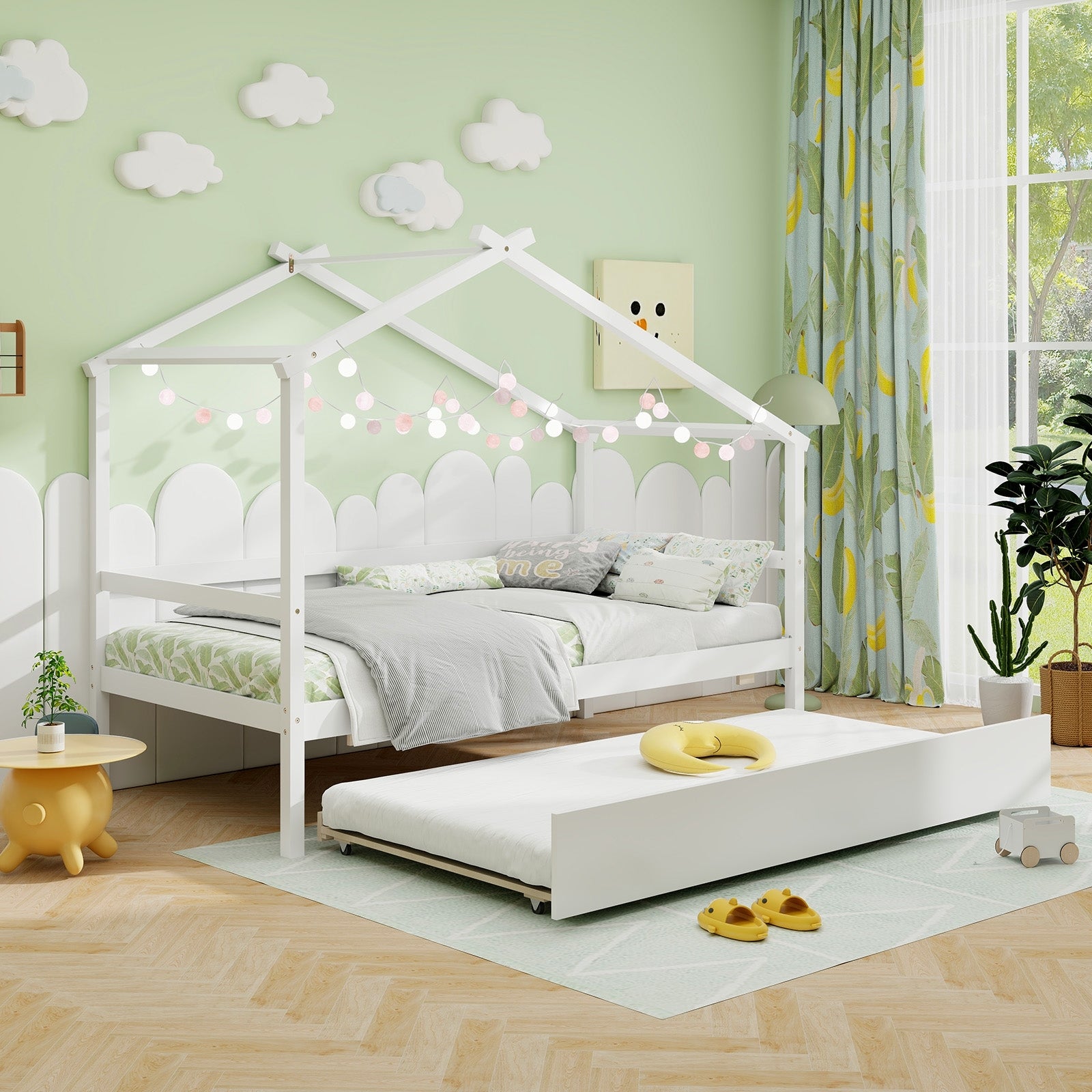 Kids Twin Size House Bed with Trundle and Roof, White Trundle Bed Frame at Gallery Canada
