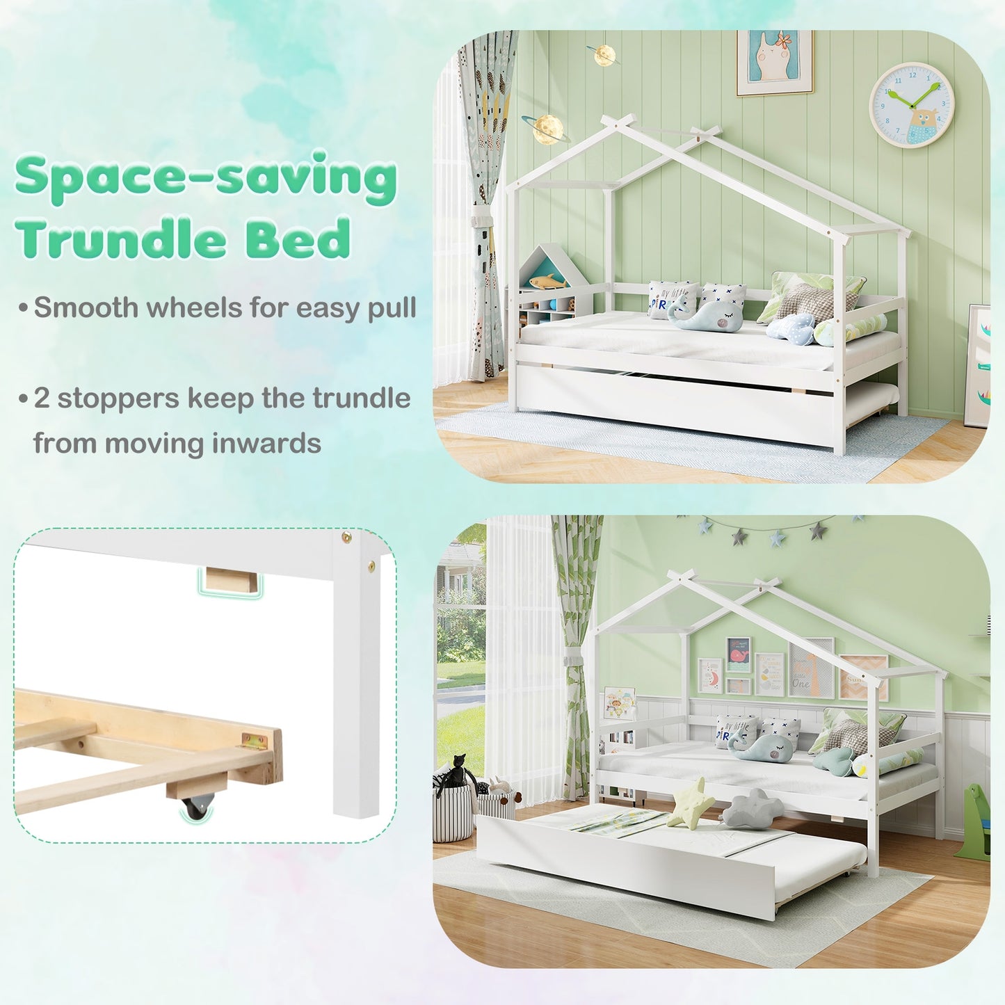 Kids Twin Size House Bed with Trundle and Roof, White Trundle Bed Frame at Gallery Canada
