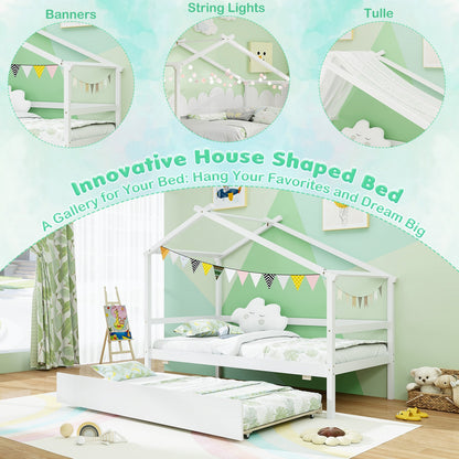Kids Twin Size House Bed with Trundle and Roof, White Trundle Bed Frame at Gallery Canada