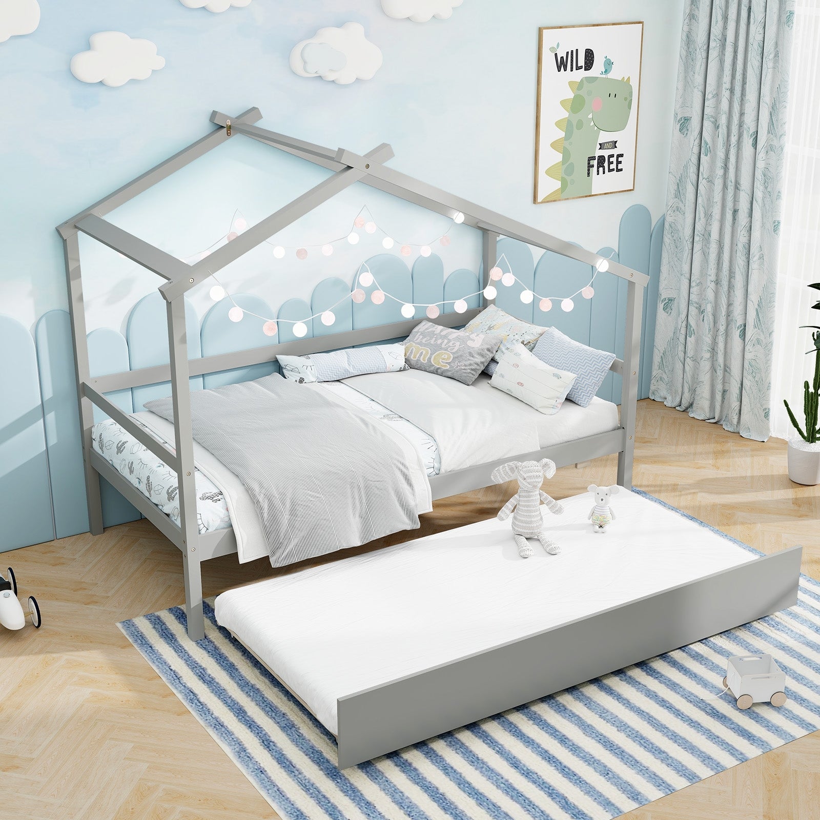 Kids Twin Size House Bed with Trundle and Roof, Gray Trundle Bed Frame at Gallery Canada