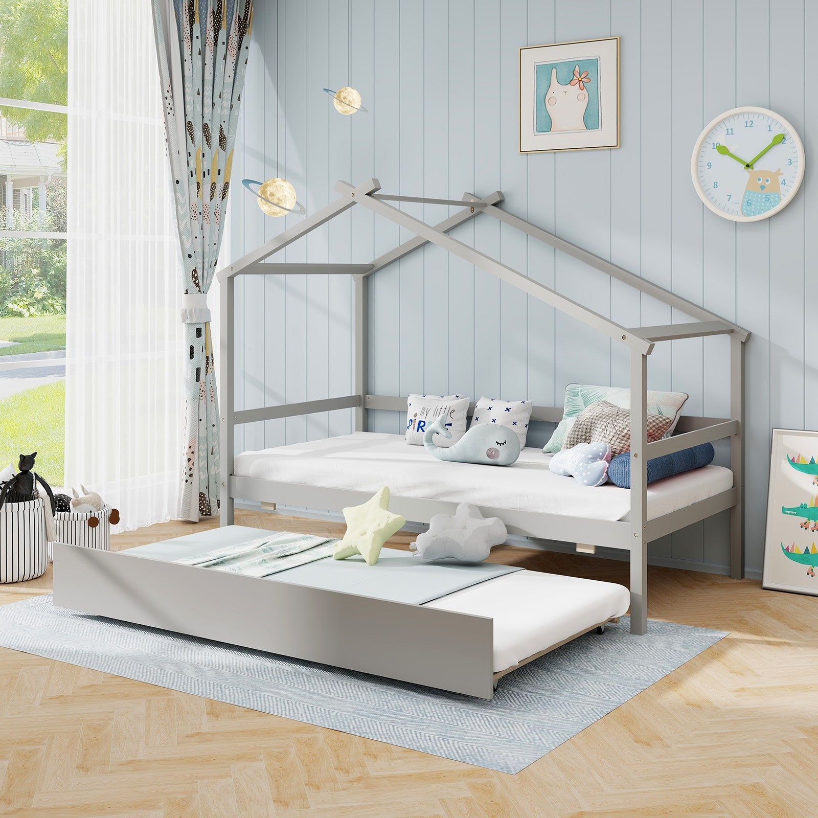 Kids Twin Size House Bed with Trundle and Roof, Gray Trundle Bed Frame at Gallery Canada