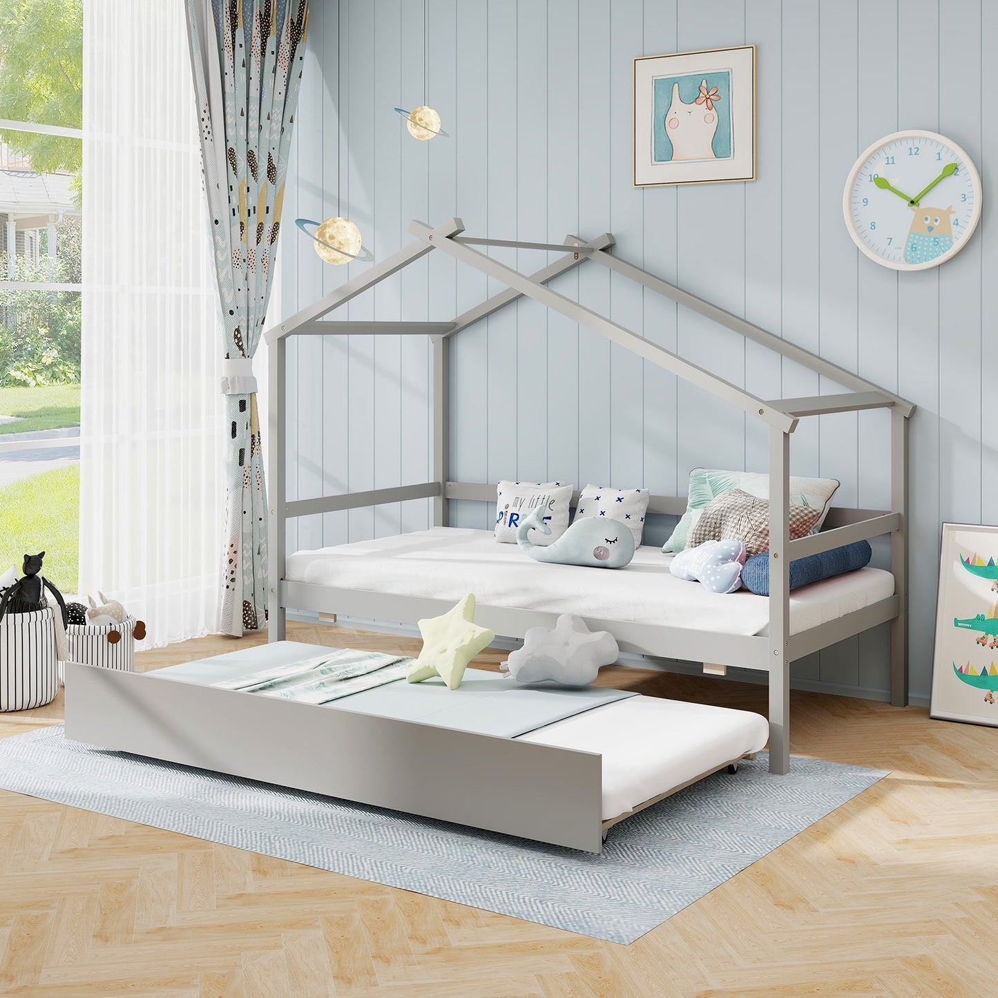 Kids Twin Size House Bed with Trundle and Roof, Gray Trundle Bed Frame at Gallery Canada