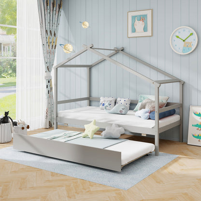 Kids Twin Size House Bed with Trundle and Roof, Gray Trundle Bed Frame at Gallery Canada