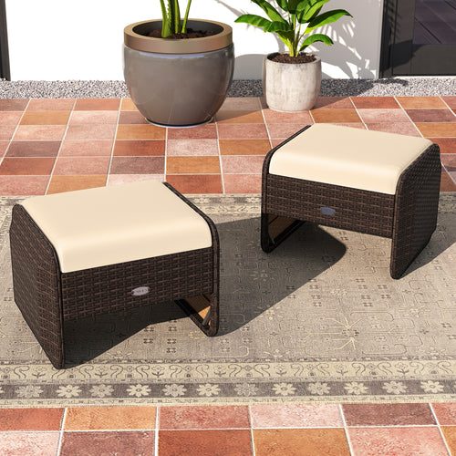 2 Outdoor Patio PE Wicker Ottomans, Removable Cushions, Brown