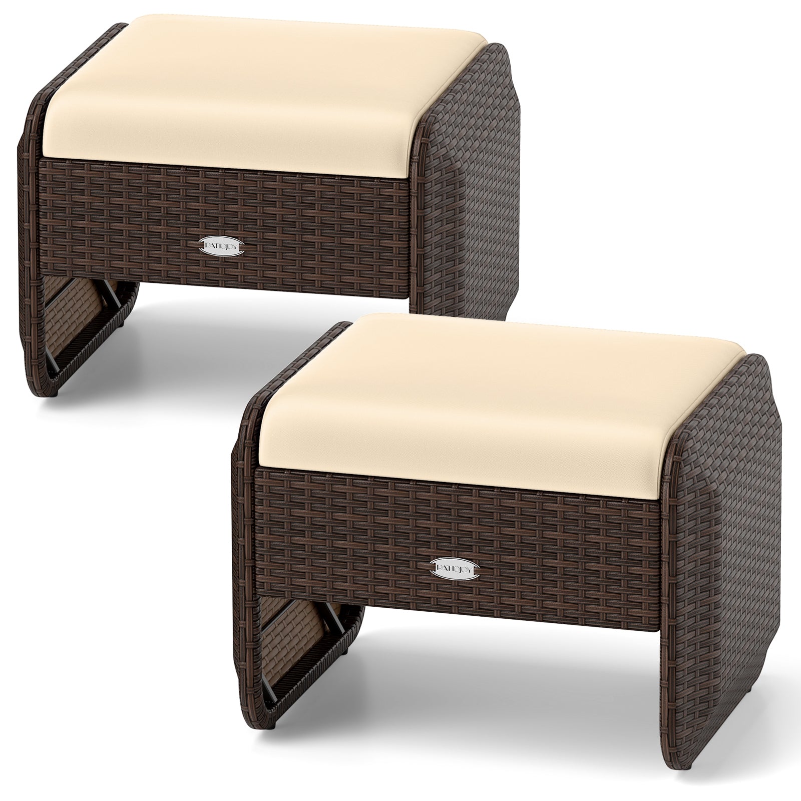 2 Outdoor Patio PE Wicker Ottomans, Removable Cushions, Brown Outdoor Seating & Patio Chairs at Gallery Canada