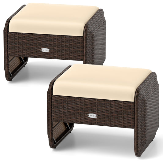 2 Outdoor Patio PE Wicker Ottomans, Removable Cushions, Brown Outdoor Seating & Patio Chairs Brown at Gallery Canada