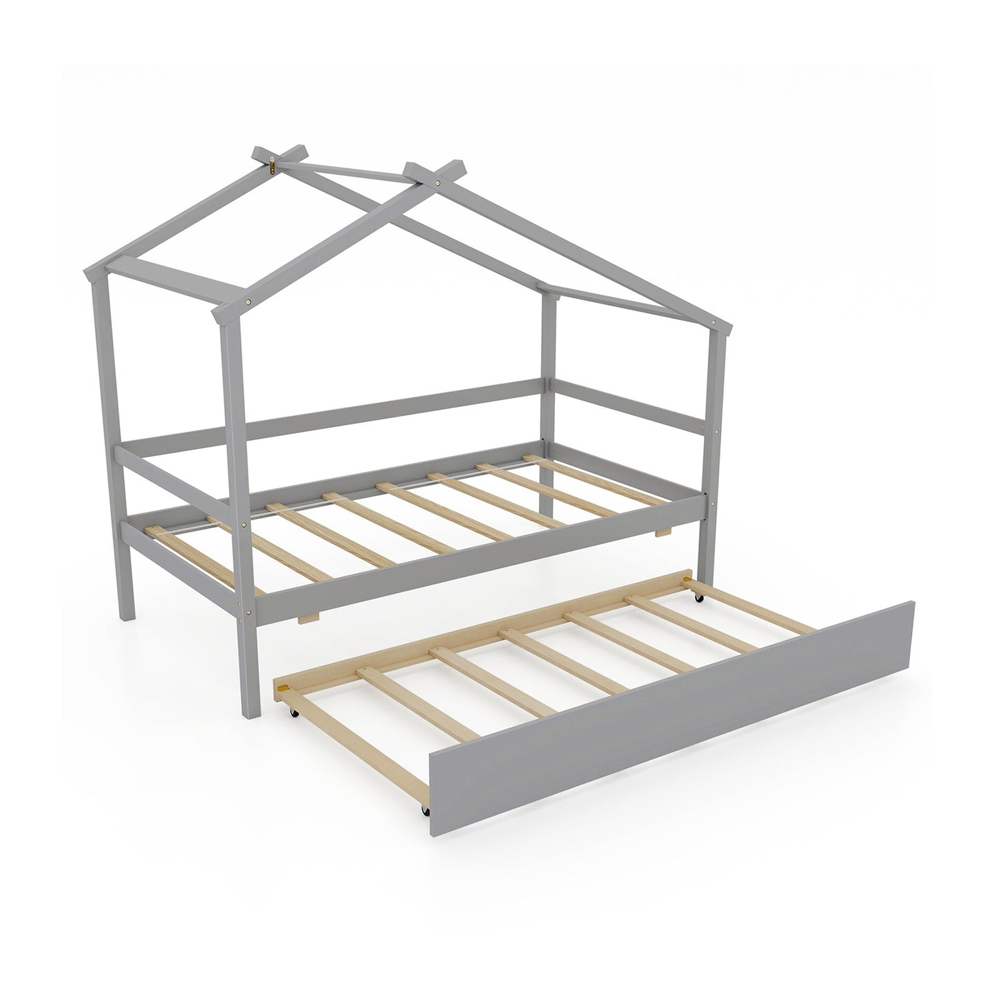 Lit Maison Enfant Jumeau Avec Lit Roulant Et Toit, Gris