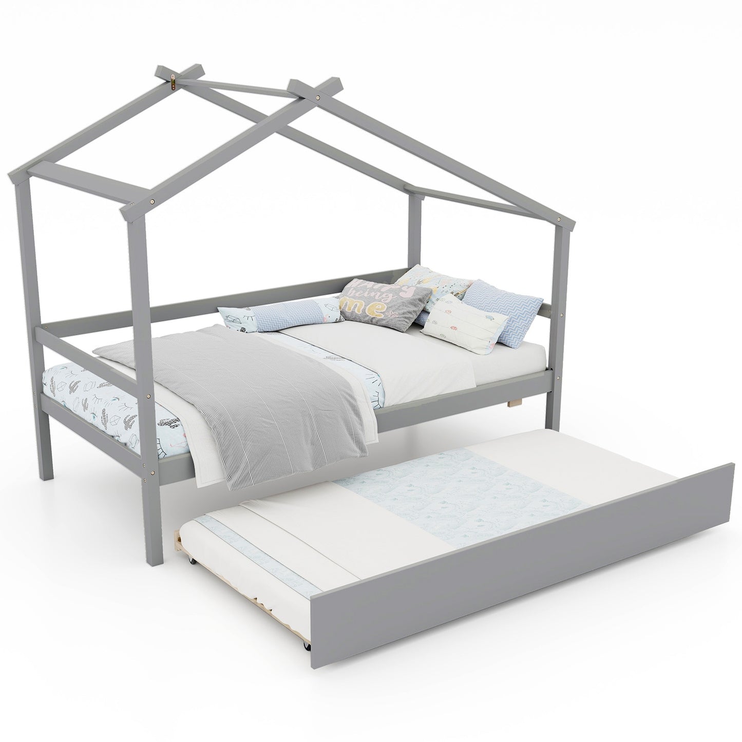 Kids Twin Size House Bed with Trundle and Roof, Gray Trundle Bed Frame at Gallery Canada