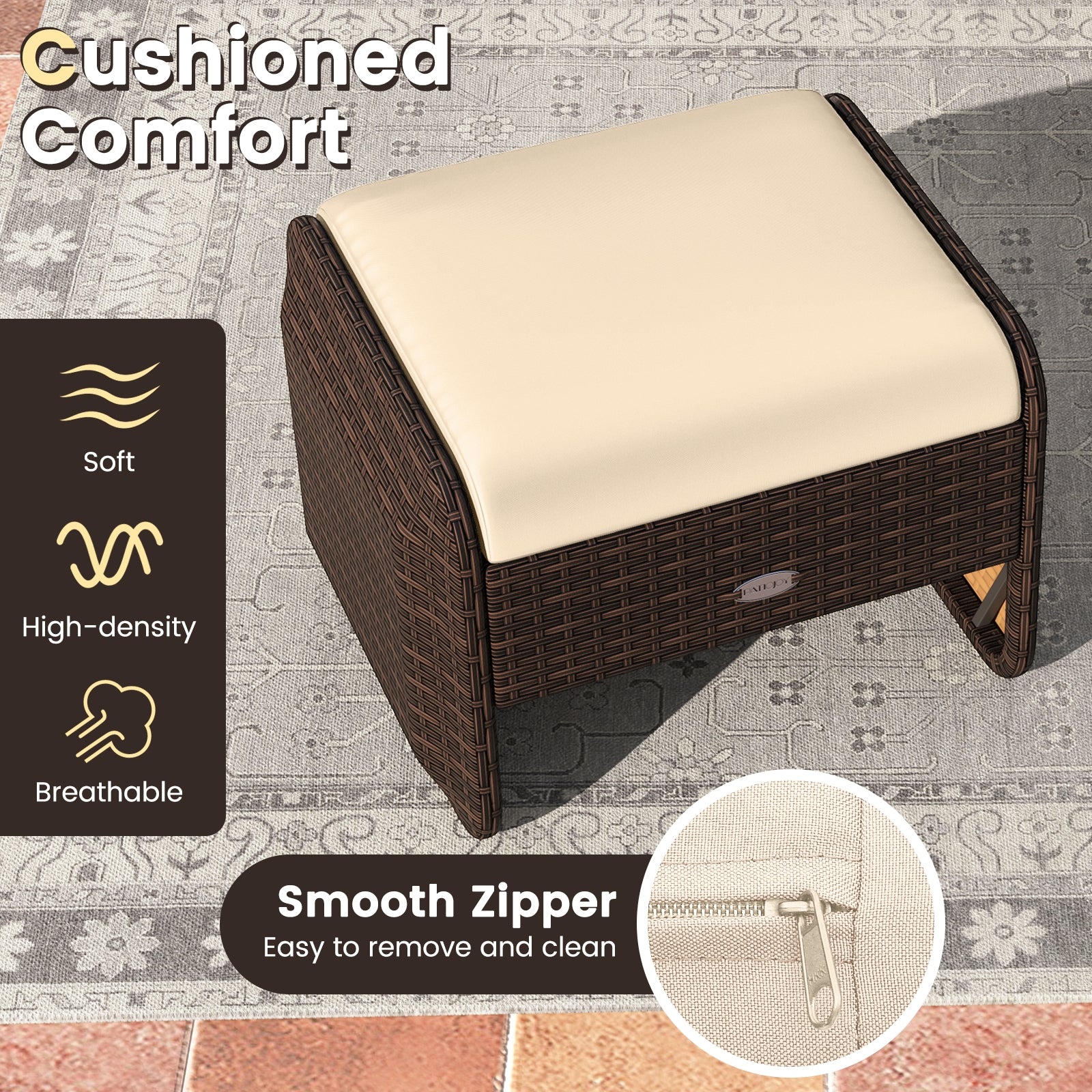 2 Pieces Outdoor Patio PE Wicker Ottomans with Removable Cushions, Brown Outdoor Seating & Patio Chairs at Gallery Canada