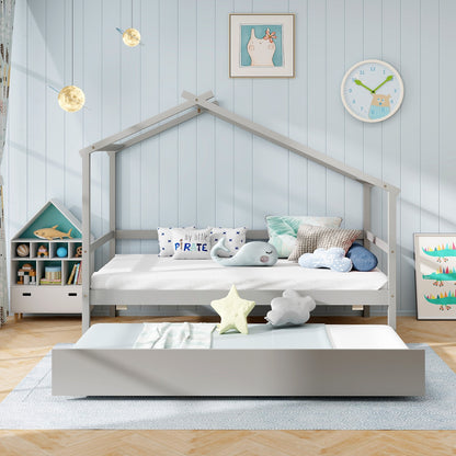 Kids Twin Size House Bed with Trundle and Roof, Gray Trundle Bed Frame at Gallery Canada