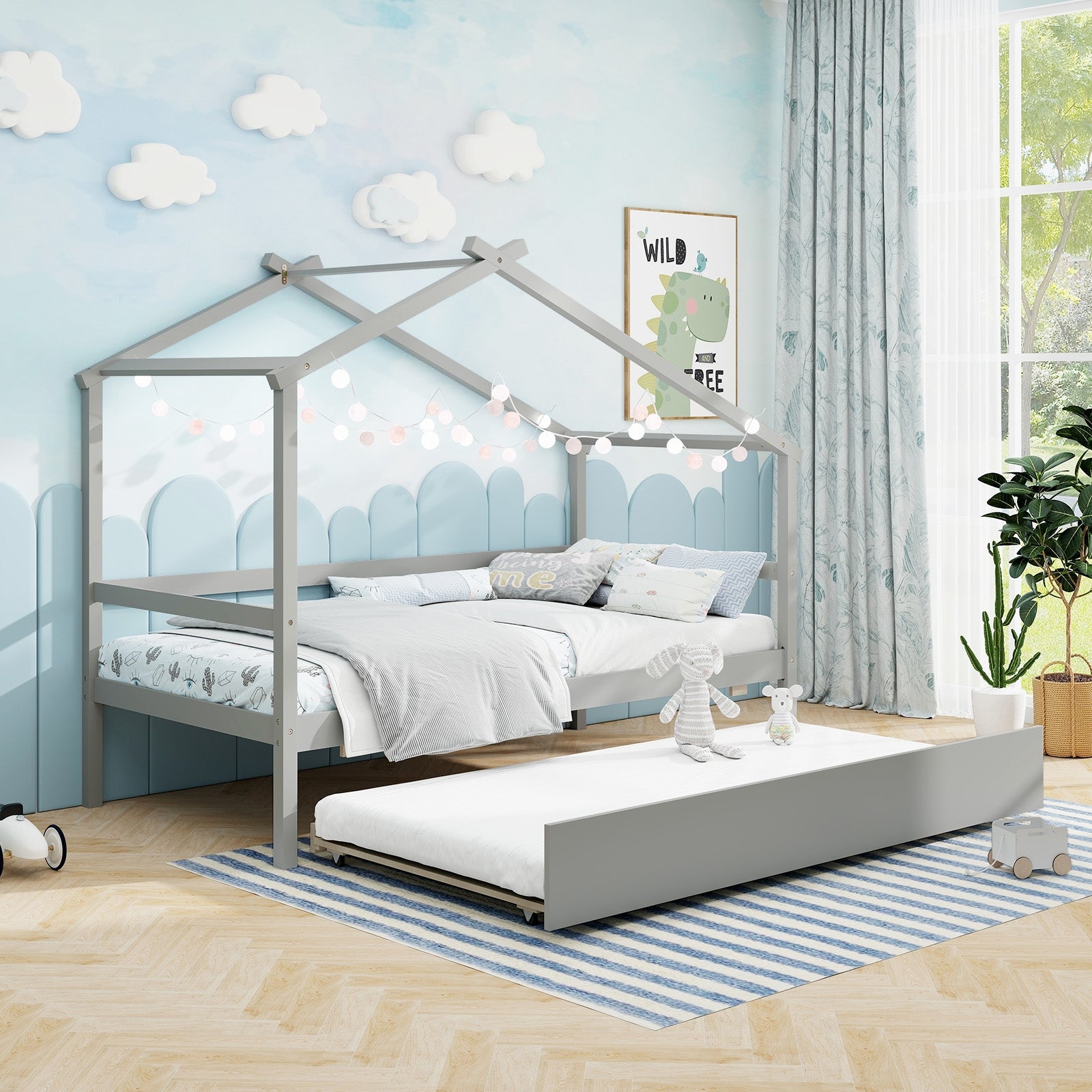 Kids Twin Size House Bed with Trundle and Roof, Gray Trundle Bed Frame at Gallery Canada
