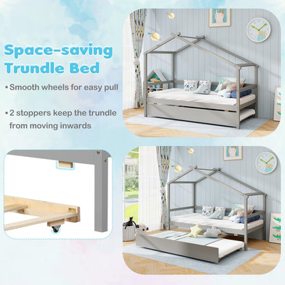 Kids Twin Size House Bed with Trundle and Roof, Gray Trundle Bed Frame at Gallery Canada