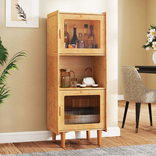 3-Cube Bamboo Storage Cabinet with Open Compartment and 2 Acrylic Doors, Natural