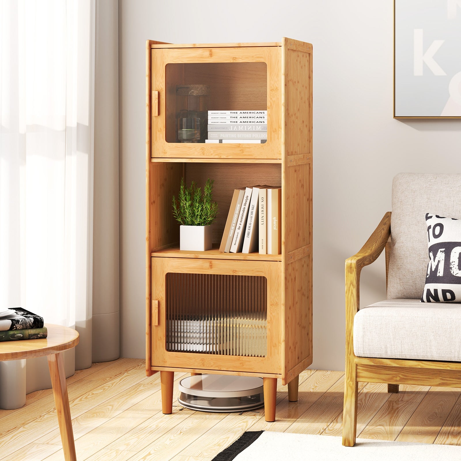 3-Cube Bamboo Storage Cabinet with Open Compartment and 2 Acrylic Doors, Natural Cabinets & Chests at Gallery Canada