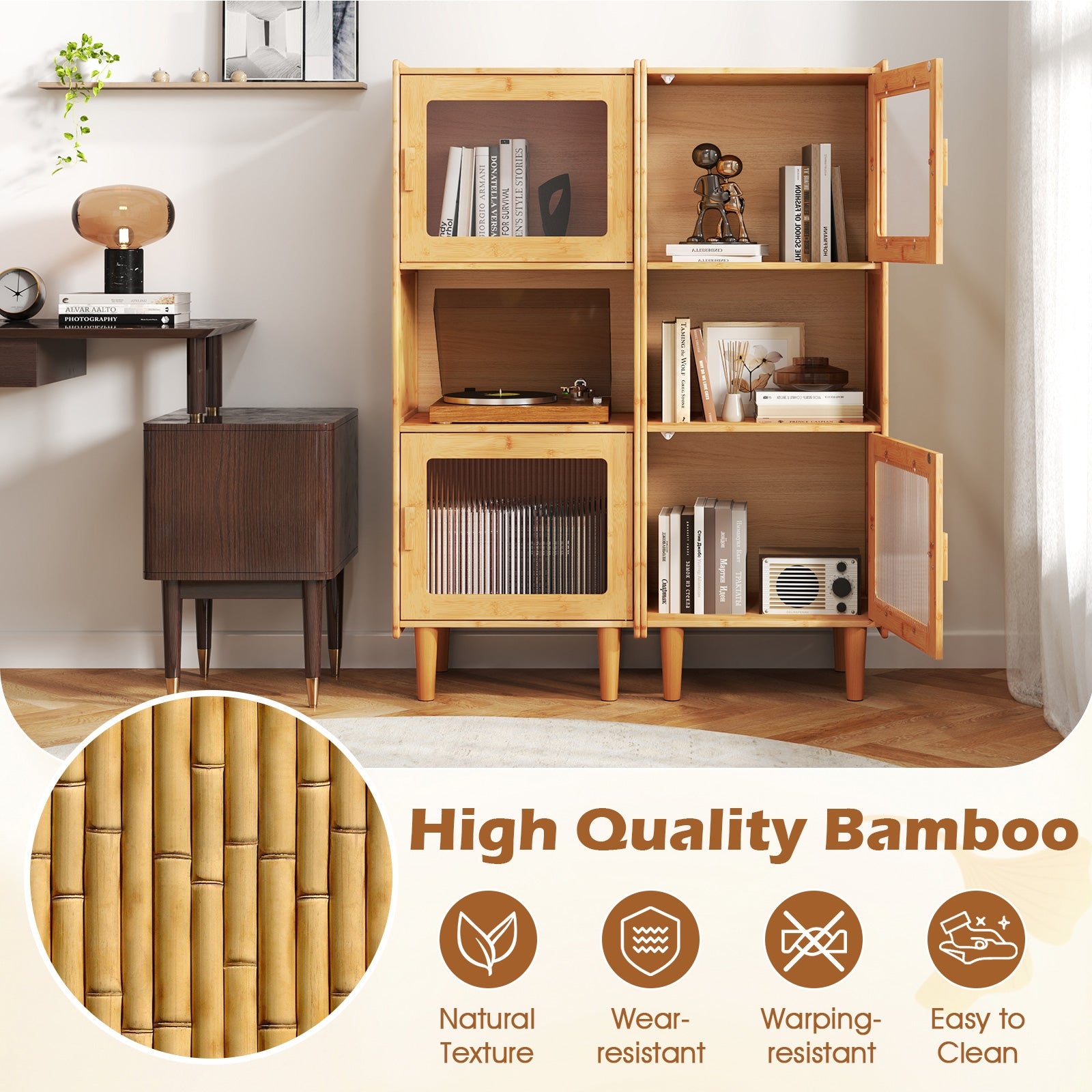 3-Cube Bamboo Storage Cabinet with Open Compartment and 2 Acrylic Doors, Natural Cabinets & Chests at Gallery Canada