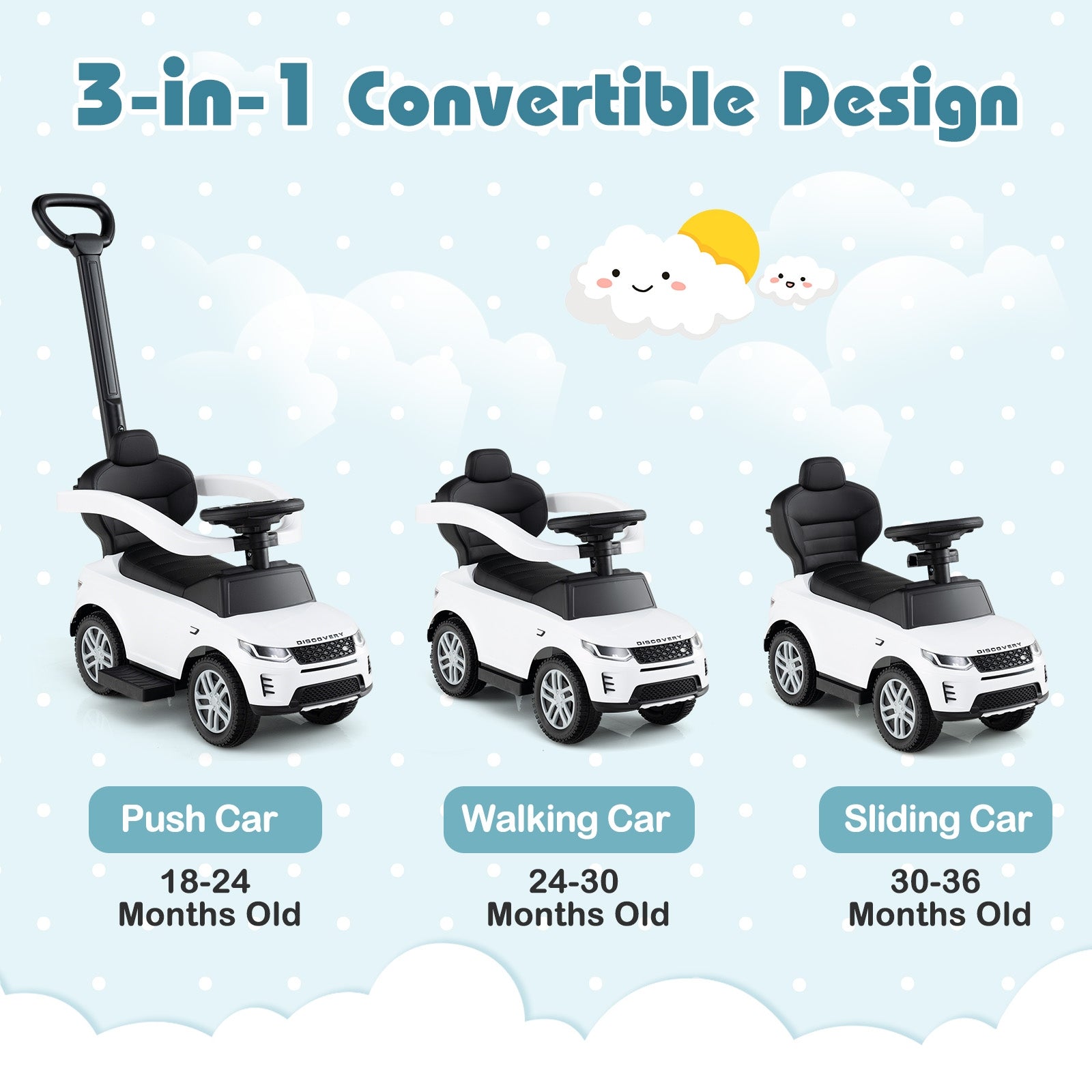 3 in 1 Push Car with Removable Handle and Guardrail for Kids 18-36 Months Old, White Push & Pedal Ride On Toys at Gallery Canada